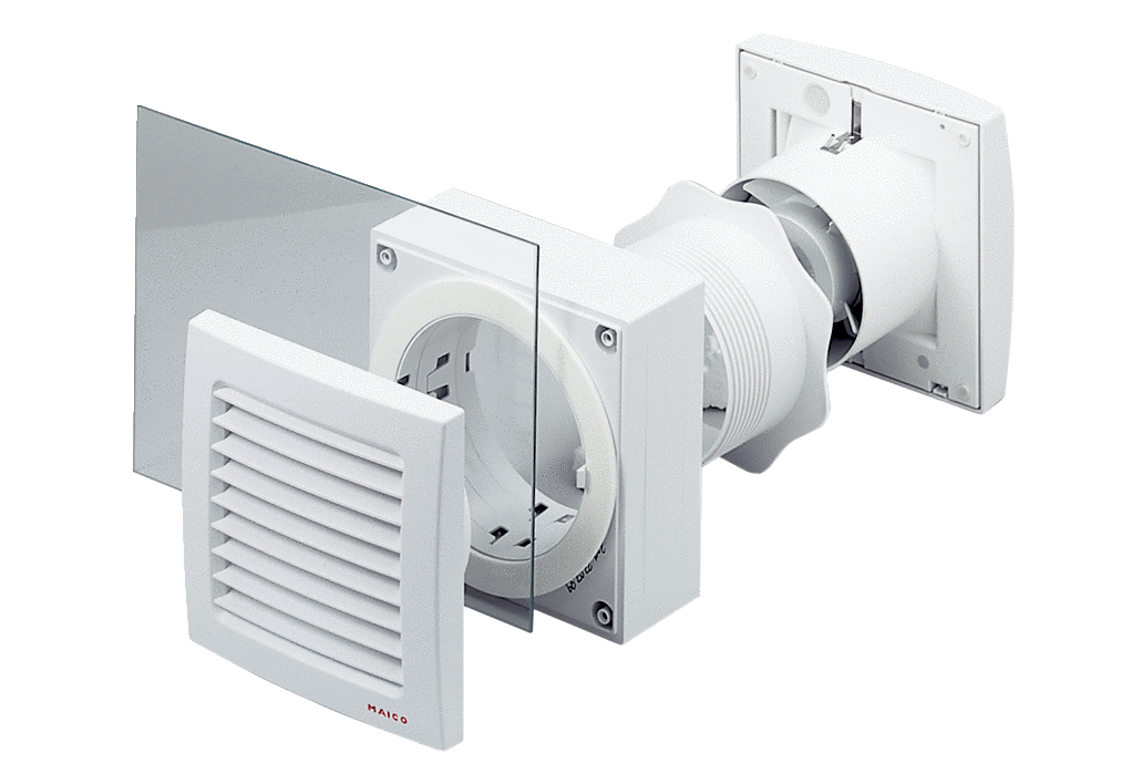 FE 100 SG IM0009940.PNG Fenstereinbausatz mit feststehendem Aussengitter FE 100 SG für die Ventilatoren-Baureihe ECA 100. Ventilator nicht im Lieferumfang enthalten.